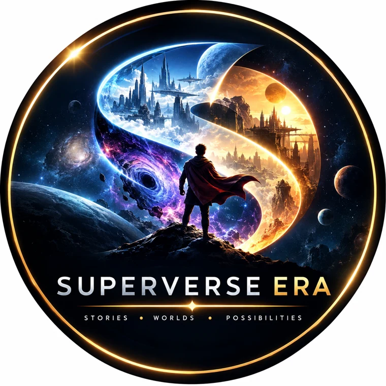 Superverse Era logo: a traveller facing blue, violet and gold worlds